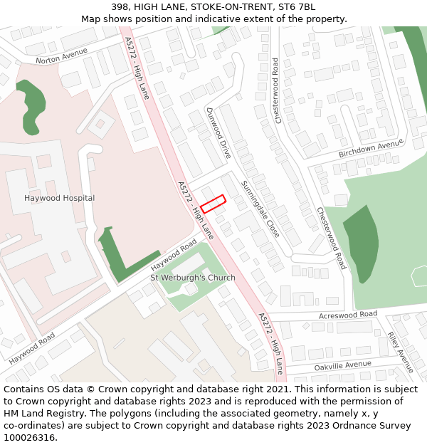 398, HIGH LANE, STOKE-ON-TRENT, ST6 7BL: Location map and indicative extent of plot
