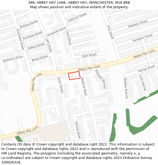 399, ABBEY HEY LANE, ABBEY HEY, MANCHESTER, M18 8RB: Location map and indicative extent of plot