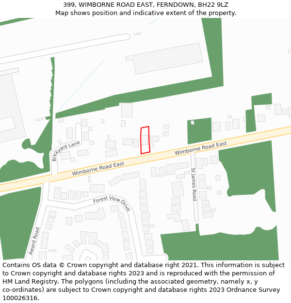 399, WIMBORNE ROAD EAST, FERNDOWN, BH22 9LZ: Location map and indicative extent of plot