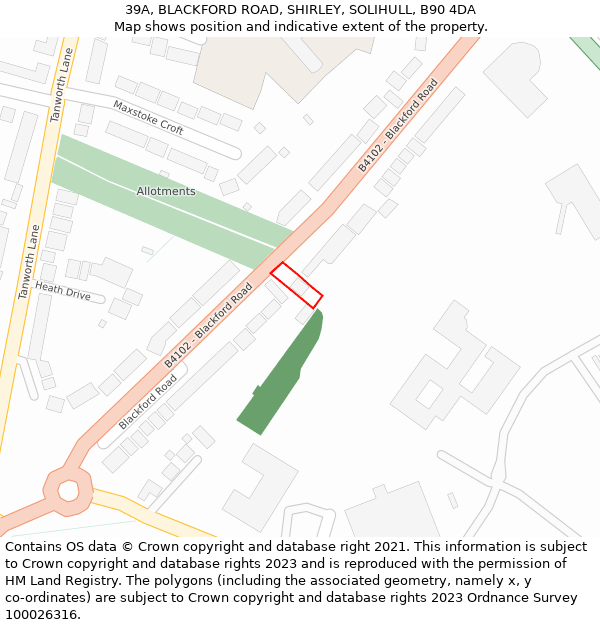 39A, BLACKFORD ROAD, SHIRLEY, SOLIHULL, B90 4DA: Location map and indicative extent of plot