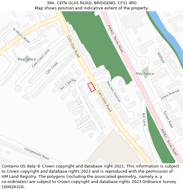 39A, CEFN GLAS ROAD, BRIDGEND, CF31 4PG: Location map and indicative extent of plot