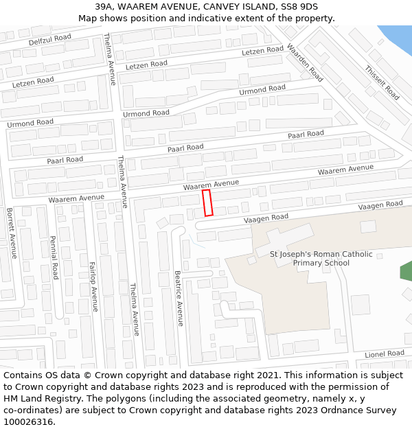 39A, WAAREM AVENUE, CANVEY ISLAND, SS8 9DS: Location map and indicative extent of plot