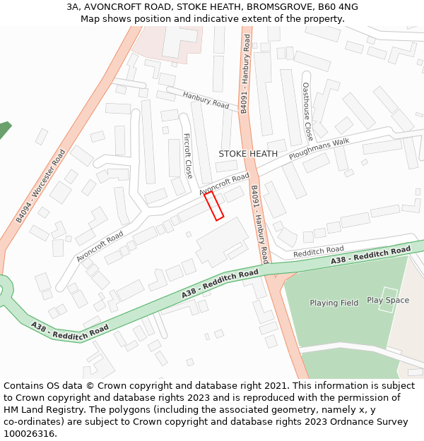 3A, AVONCROFT ROAD, STOKE HEATH, BROMSGROVE, B60 4NG: Location map and indicative extent of plot