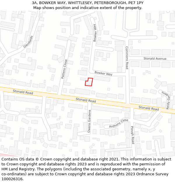 3A, BOWKER WAY, WHITTLESEY, PETERBOROUGH, PE7 1PY: Location map and indicative extent of plot