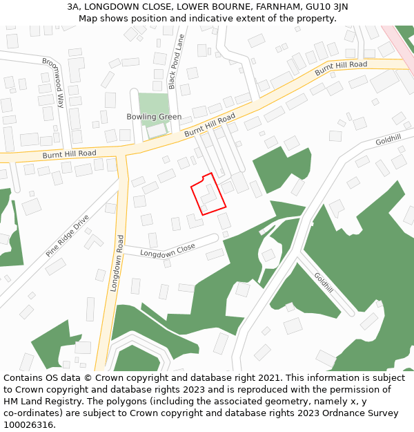 3A, LONGDOWN CLOSE, LOWER BOURNE, FARNHAM, GU10 3JN: Location map and indicative extent of plot