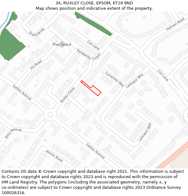 3A, RUXLEY CLOSE, EPSOM, KT19 9ND: Location map and indicative extent of plot