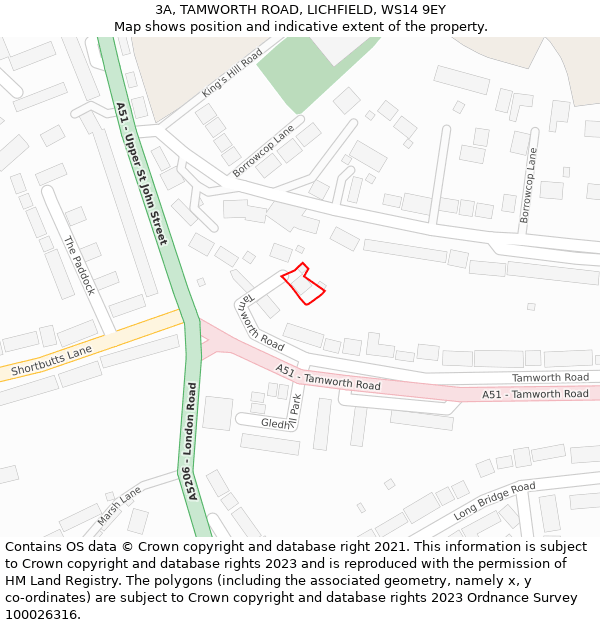 3A, TAMWORTH ROAD, LICHFIELD, WS14 9EY: Location map and indicative extent of plot