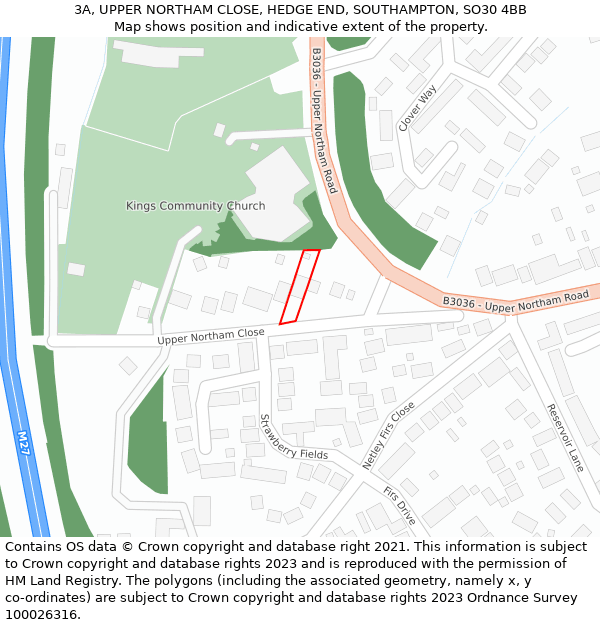 3A, UPPER NORTHAM CLOSE, HEDGE END, SOUTHAMPTON, SO30 4BB: Location map and indicative extent of plot