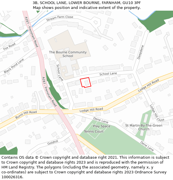 3B, SCHOOL LANE, LOWER BOURNE, FARNHAM, GU10 3PF: Location map and indicative extent of plot