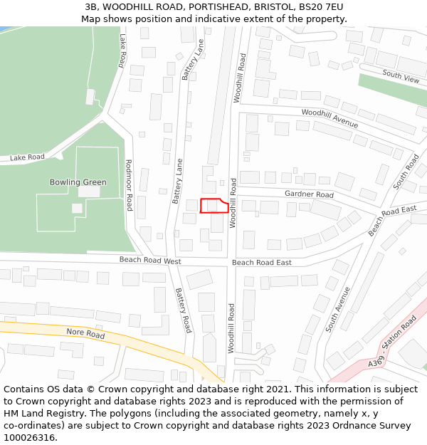 3B, WOODHILL ROAD, PORTISHEAD, BRISTOL, BS20 7EU: Location map and indicative extent of plot
