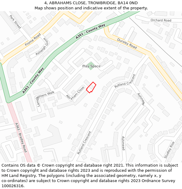 4, ABRAHAMS CLOSE, TROWBRIDGE, BA14 0ND: Location map and indicative extent of plot