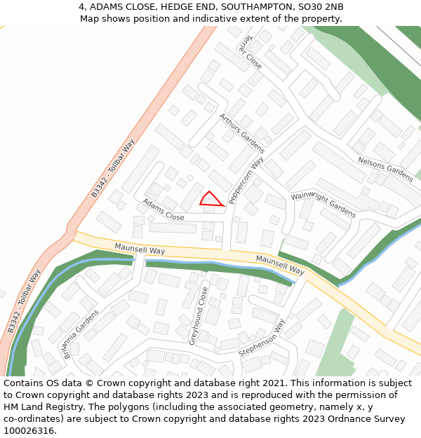 4, ADAMS CLOSE, HEDGE END, SOUTHAMPTON, SO30 2NB: Location map and indicative extent of plot