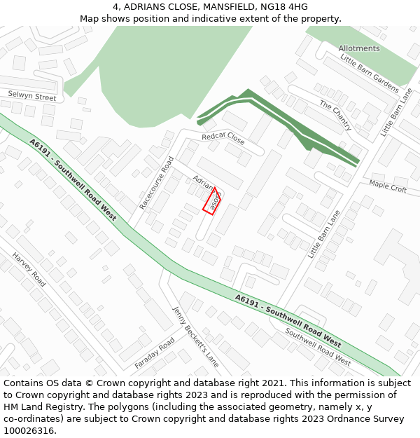 4, ADRIANS CLOSE, MANSFIELD, NG18 4HG: Location map and indicative extent of plot