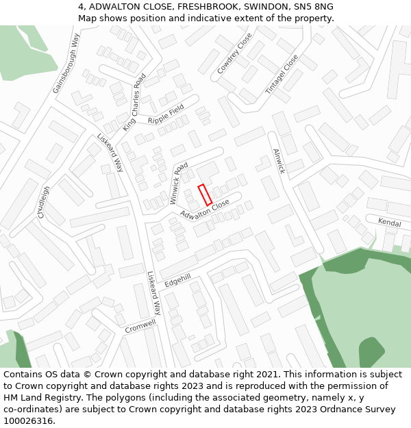 4, ADWALTON CLOSE, FRESHBROOK, SWINDON, SN5 8NG: Location map and indicative extent of plot
