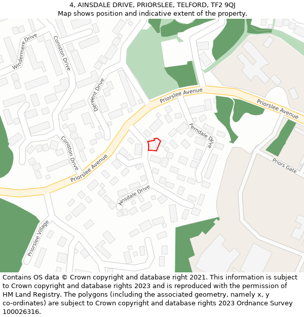4, AINSDALE DRIVE, PRIORSLEE, TELFORD, TF2 9QJ: Location map and indicative extent of plot