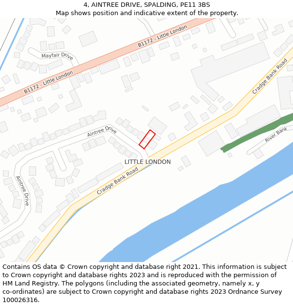 4, AINTREE DRIVE, SPALDING, PE11 3BS: Location map and indicative extent of plot