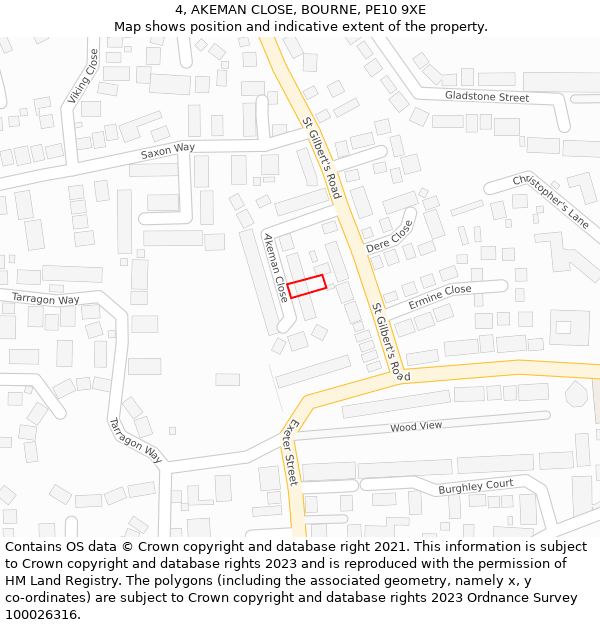 4, AKEMAN CLOSE, BOURNE, PE10 9XE: Location map and indicative extent of plot