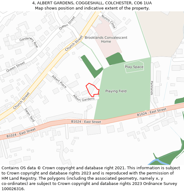 4, ALBERT GARDENS, COGGESHALL, COLCHESTER, CO6 1UA: Location map and indicative extent of plot