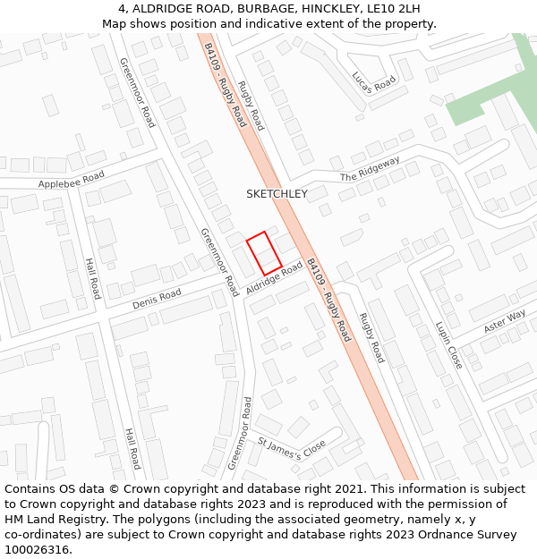 4, ALDRIDGE ROAD, BURBAGE, HINCKLEY, LE10 2LH: Location map and indicative extent of plot