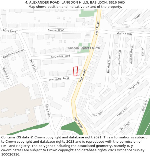 4, ALEXANDER ROAD, LANGDON HILLS, BASILDON, SS16 6HD: Location map and indicative extent of plot