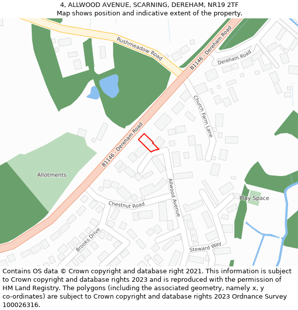 4, ALLWOOD AVENUE, SCARNING, DEREHAM, NR19 2TF: Location map and indicative extent of plot