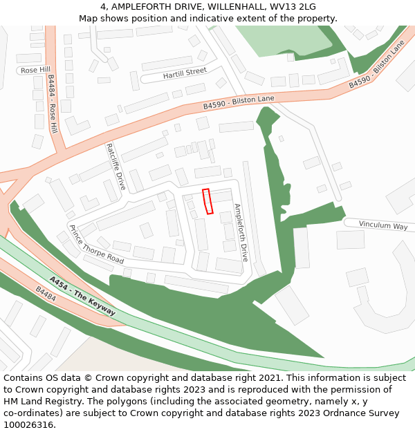 4, AMPLEFORTH DRIVE, WILLENHALL, WV13 2LG: Location map and indicative extent of plot
