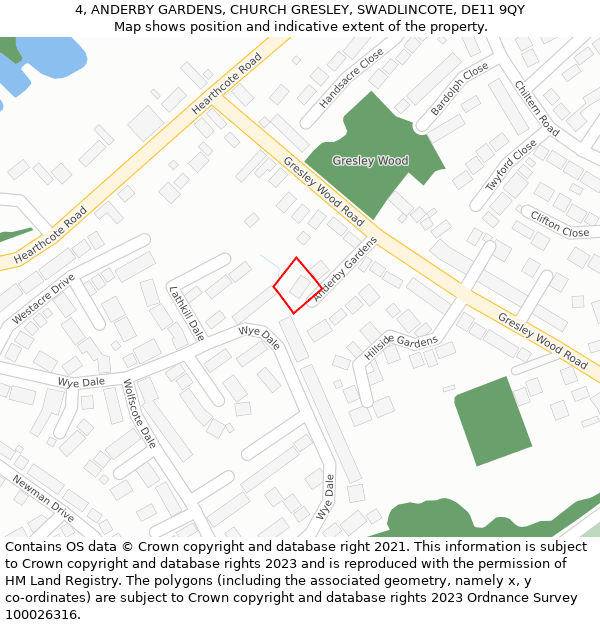 4, ANDERBY GARDENS, CHURCH GRESLEY, SWADLINCOTE, DE11 9QY: Location map and indicative extent of plot