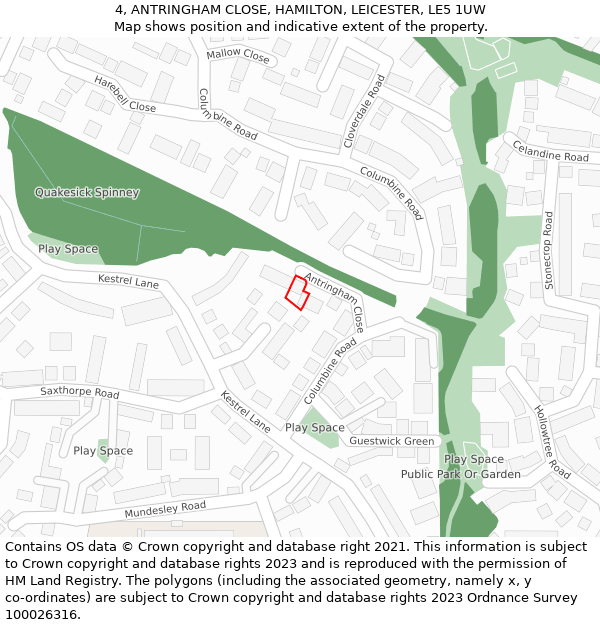 4, ANTRINGHAM CLOSE, HAMILTON, LEICESTER, LE5 1UW: Location map and indicative extent of plot