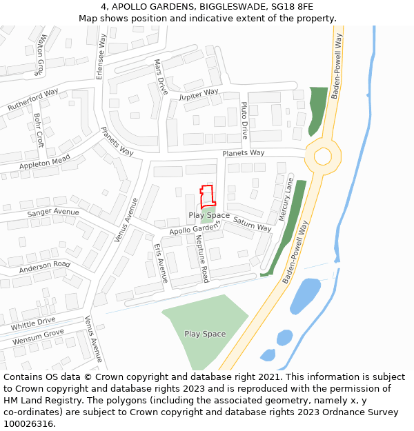 4, APOLLO GARDENS, BIGGLESWADE, SG18 8FE: Location map and indicative extent of plot