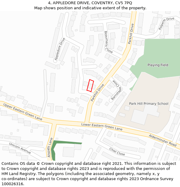 4, APPLEDORE DRIVE, COVENTRY, CV5 7PQ: Location map and indicative extent of plot