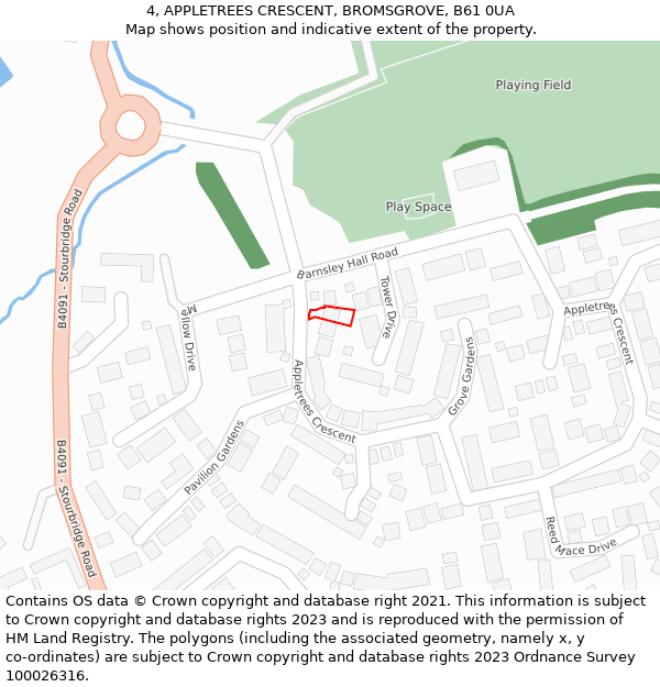 4, APPLETREES CRESCENT, BROMSGROVE, B61 0UA: Location map and indicative extent of plot