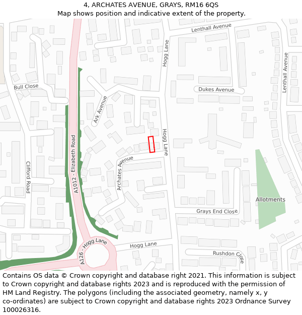 4, ARCHATES AVENUE, GRAYS, RM16 6QS: Location map and indicative extent of plot