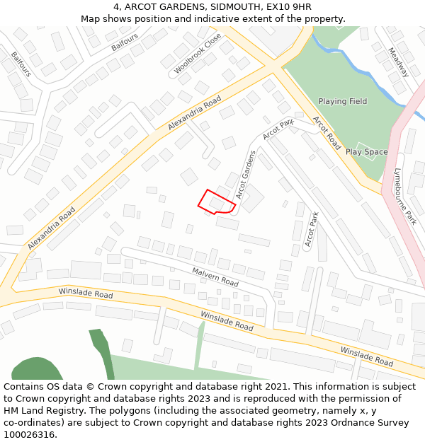 4, ARCOT GARDENS, SIDMOUTH, EX10 9HR: Location map and indicative extent of plot