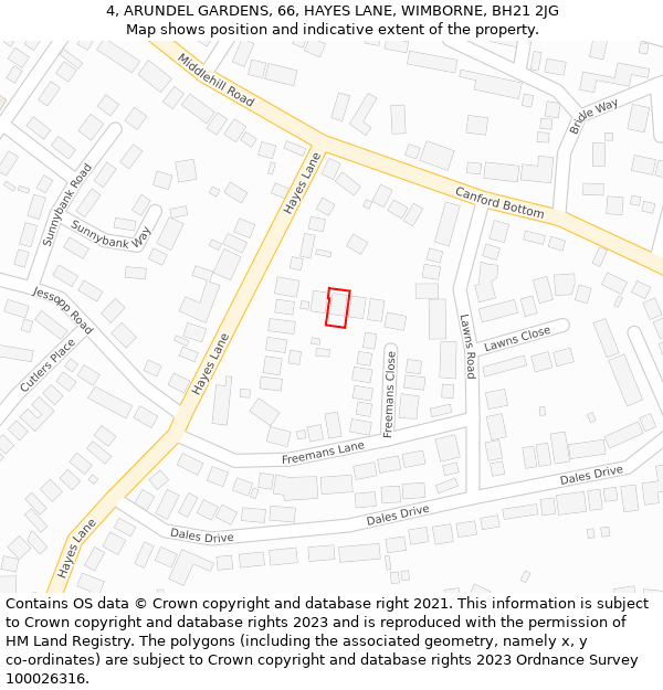 4, ARUNDEL GARDENS, 66, HAYES LANE, WIMBORNE, BH21 2JG: Location map and indicative extent of plot