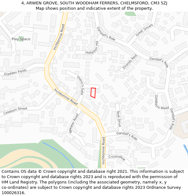 4, ARWEN GROVE, SOUTH WOODHAM FERRERS, CHELMSFORD, CM3 5ZJ: Location map and indicative extent of plot