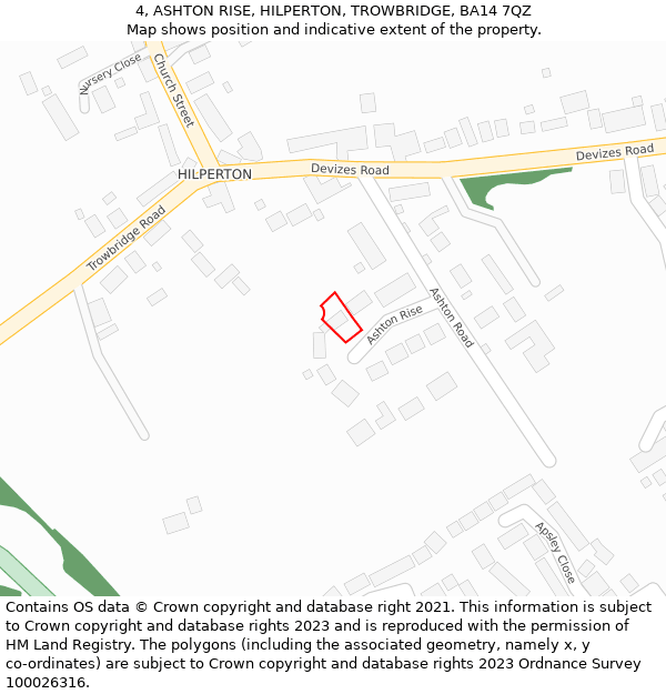 4, ASHTON RISE, HILPERTON, TROWBRIDGE, BA14 7QZ: Location map and indicative extent of plot