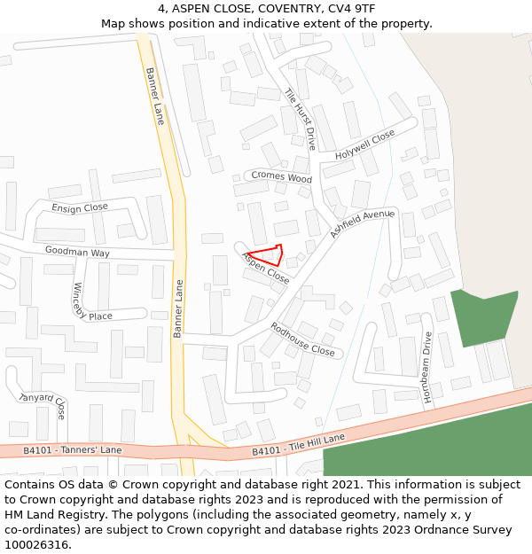 4, ASPEN CLOSE, COVENTRY, CV4 9TF: Location map and indicative extent of plot