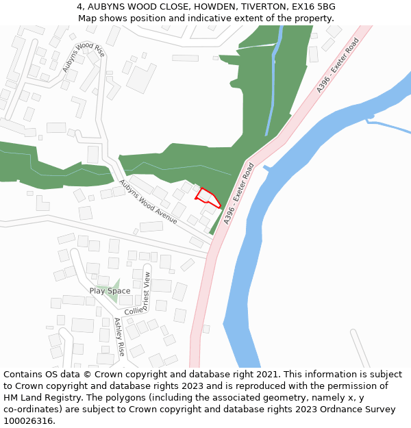 4, AUBYNS WOOD CLOSE, HOWDEN, TIVERTON, EX16 5BG: Location map and indicative extent of plot