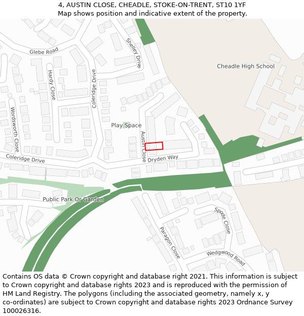 4, AUSTIN CLOSE, CHEADLE, STOKE-ON-TRENT, ST10 1YF: Location map and indicative extent of plot