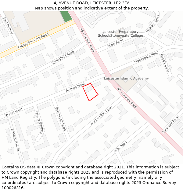 4, AVENUE ROAD, LEICESTER, LE2 3EA: Location map and indicative extent of plot