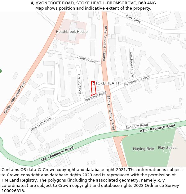 4, AVONCROFT ROAD, STOKE HEATH, BROMSGROVE, B60 4NG: Location map and indicative extent of plot