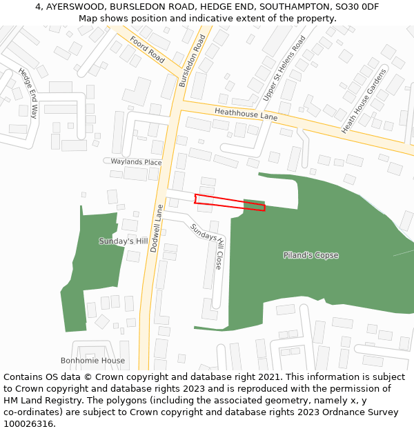 4, AYERSWOOD, BURSLEDON ROAD, HEDGE END, SOUTHAMPTON, SO30 0DF: Location map and indicative extent of plot