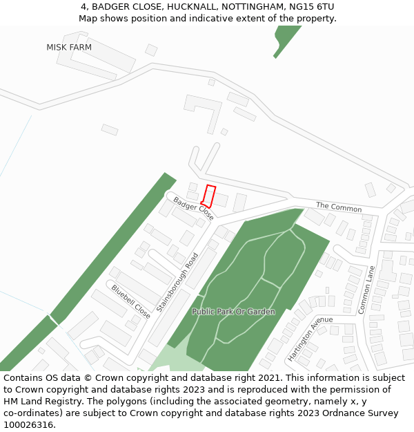 4, BADGER CLOSE, HUCKNALL, NOTTINGHAM, NG15 6TU: Location map and indicative extent of plot