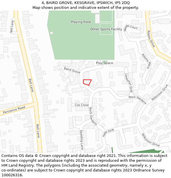 4, BAIRD GROVE, KESGRAVE, IPSWICH, IP5 2DQ: Location map and indicative extent of plot