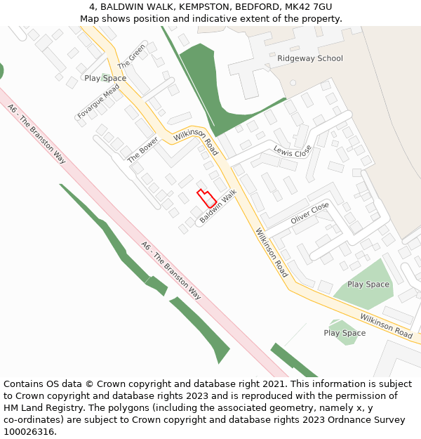 4, BALDWIN WALK, KEMPSTON, BEDFORD, MK42 7GU: Location map and indicative extent of plot