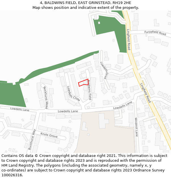 4, BALDWINS FIELD, EAST GRINSTEAD, RH19 2HE: Location map and indicative extent of plot