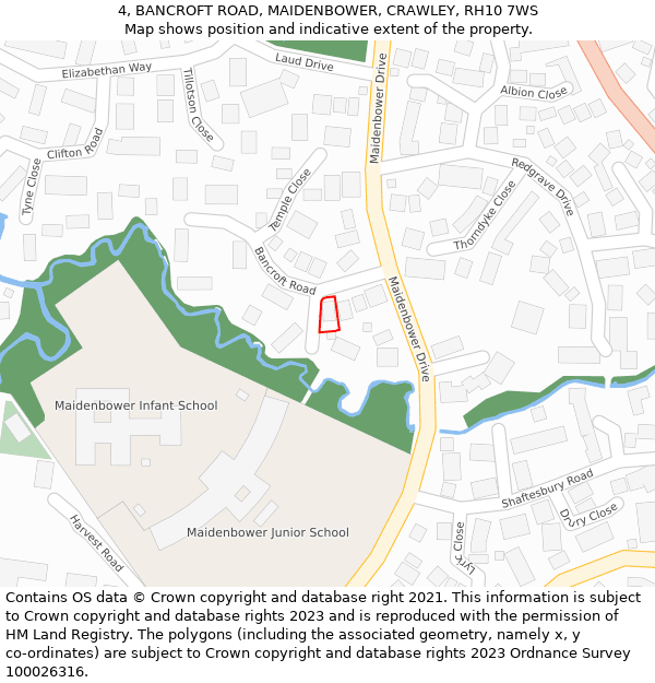 4, BANCROFT ROAD, MAIDENBOWER, CRAWLEY, RH10 7WS: Location map and indicative extent of plot