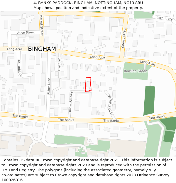 4, BANKS PADDOCK, BINGHAM, NOTTINGHAM, NG13 8RU: Location map and indicative extent of plot