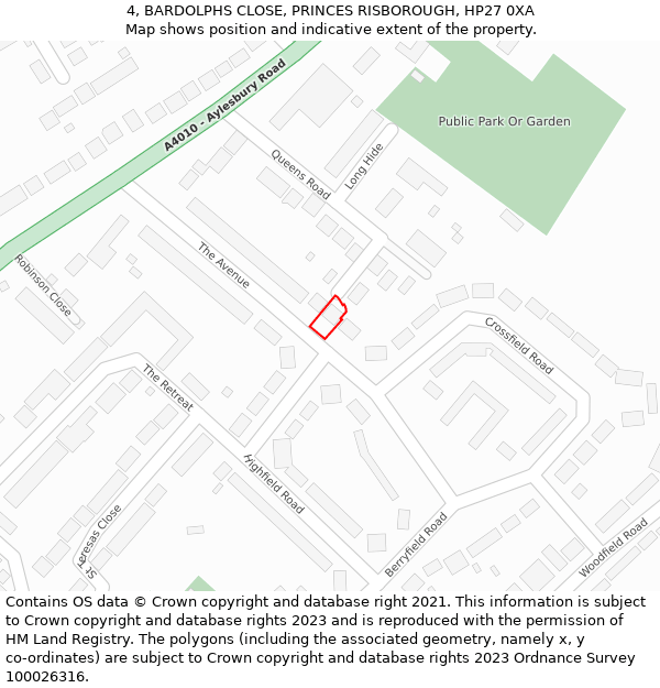 4, BARDOLPHS CLOSE, PRINCES RISBOROUGH, HP27 0XA: Location map and indicative extent of plot