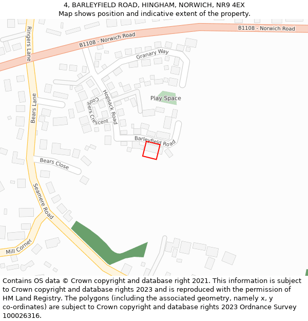 4, BARLEYFIELD ROAD, HINGHAM, NORWICH, NR9 4EX: Location map and indicative extent of plot